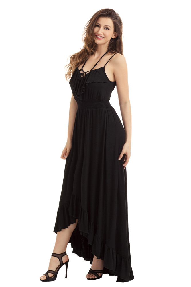Black Lace Up V Neck Ruffle Trim Hi-low Maxi Dress