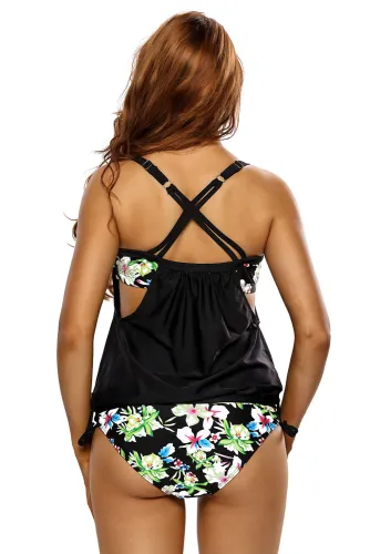 Black Layered-Style Floral Tankini with Triangular Briefs