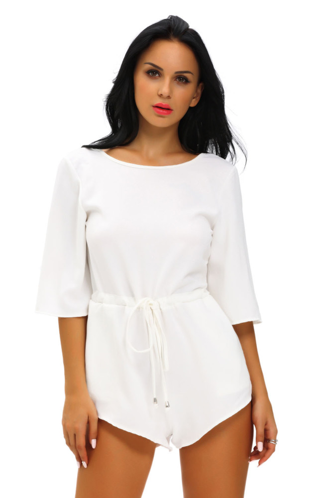White Drawstring Knot Open Back Romper