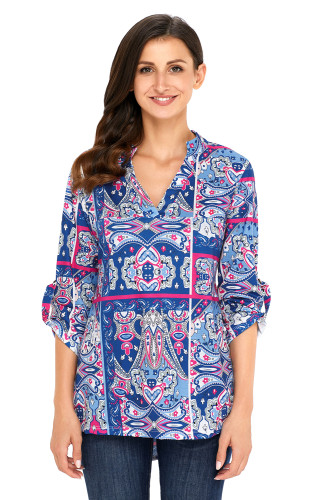 Blue Rosy Floral Paisley Print Slight V Neck Blouse