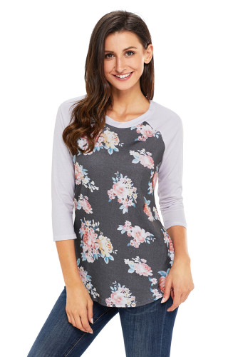 Grey Floral Print Raglan Sleeve Top