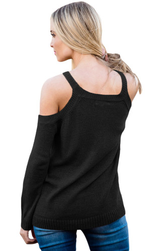 Black Cold Shoulder Lace up Detail Knit Sweater Top