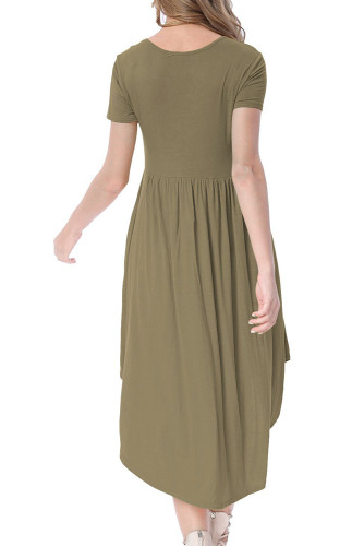 Army Green Short Sleeve High Low Pleated Casual Swing Dress