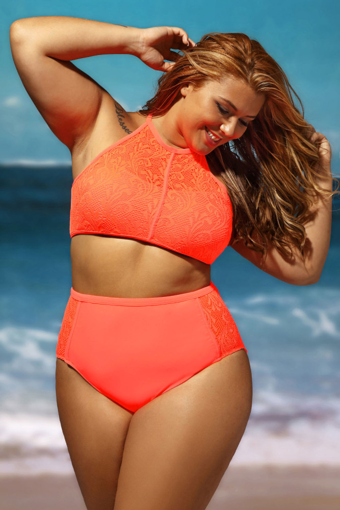 Red Patterned Mesh Insert Plus Size Swimwear