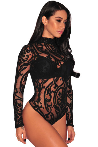 Black Sheer Mesh Print Long Sleeves Bodysuit