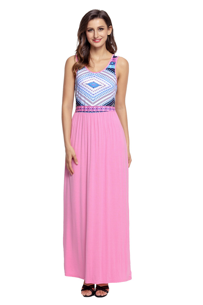 Stylish Tribal Print Sleeveless Coral Maxi Dress