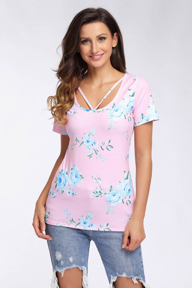 Strappy Neck Detail Pink Floral Short Sleeve T-shirt
