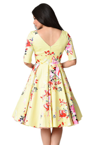 Yellow Vintage Style Floral Half Sleeve Swing Dress