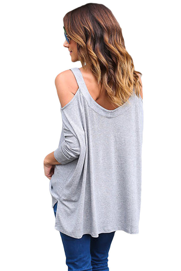 Grey Long Sleeve Relaxed Fit Cold Shoulder Top