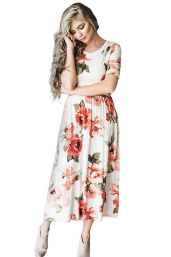 Casual Pocket Design White Floral Dress