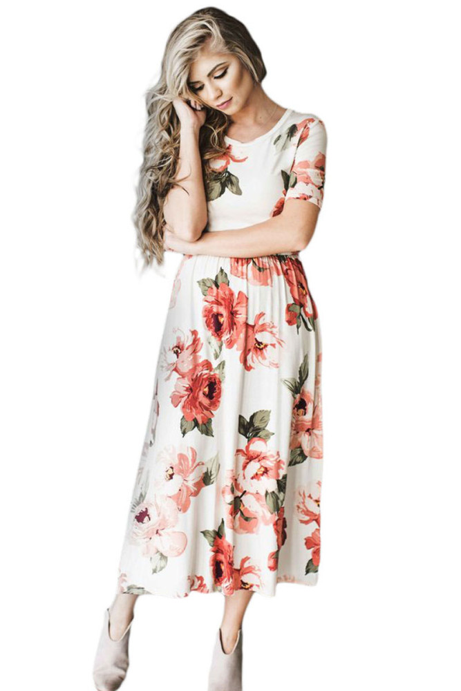 Casual Pocket Design White Floral Dress