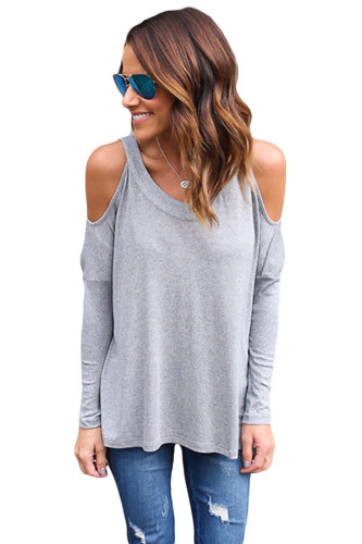 Grey Long Sleeve Relaxed Fit Cold Shoulder Top