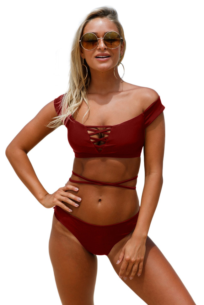 Burgundy Strappy Crisscross 2pcs Tankini Swimsuit