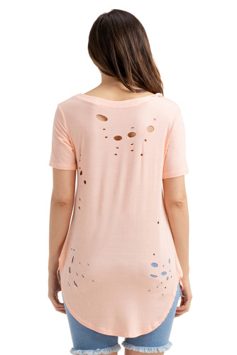 Pink Crisscross Neckline Distressed Cotton T-shirt