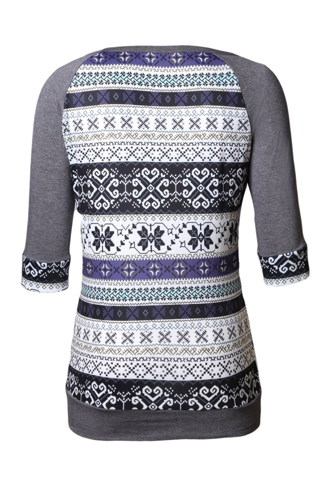 Grey Raglan Sleeve Lace Pocket Detail Printed Top
