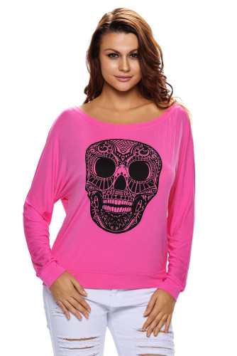 Skull Print Off Neck Pink Long Sleeve T-shirt