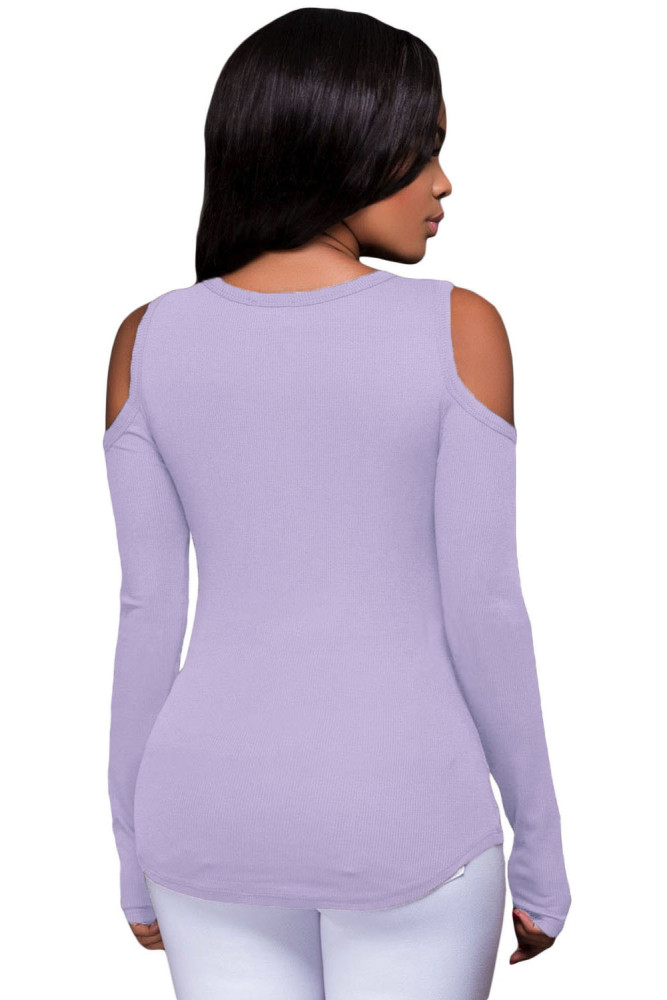 Purple Long Sleeve Cut-out Shoulder Ribbed Top