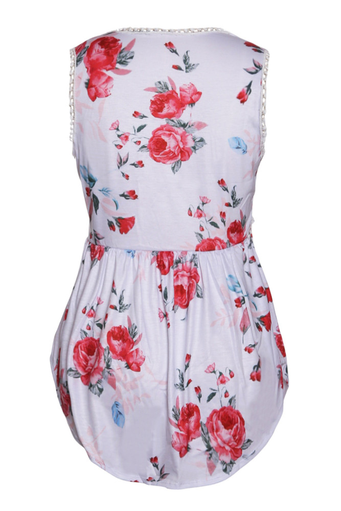 White Floral Pompom Lace Trim Flowy Tank Top