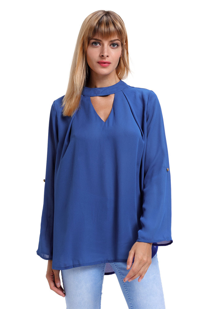 Blue Choker Cut out V Neck Blouse with Keyhole Back