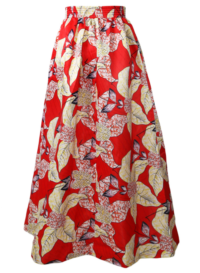 Red Floral Printed High Split Maxi Skirt
