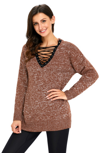 Tan Chic Long Sleeve Sweater with Lace up Neckline