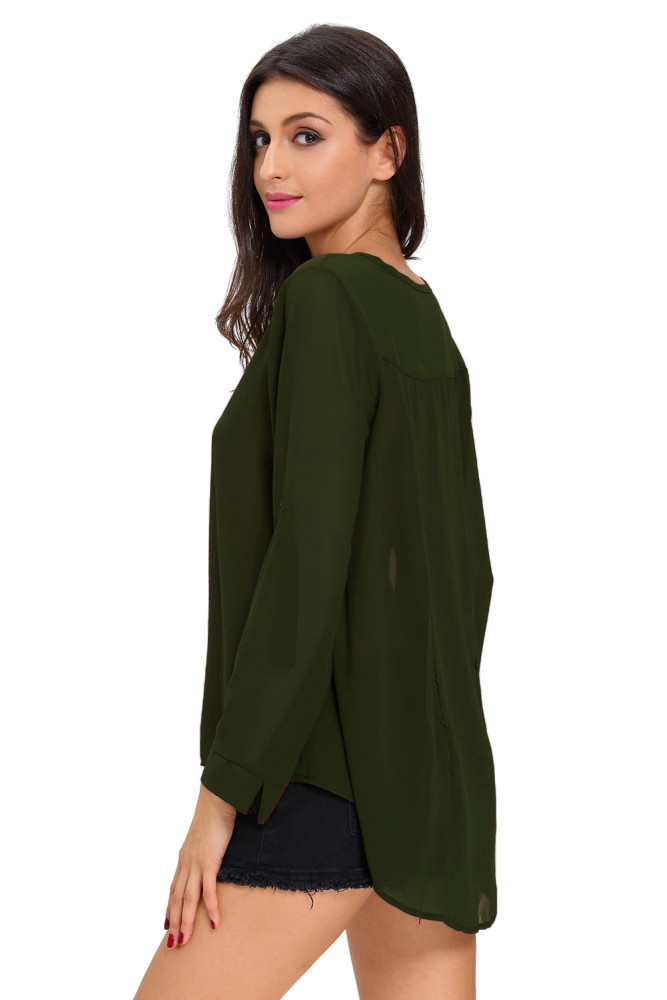 Olive V-Neck Button Detail Dip Back Blouse Top
