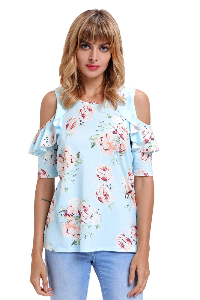 Light Blue Floral Cold Shoulder Top with Ruffle Sleeve