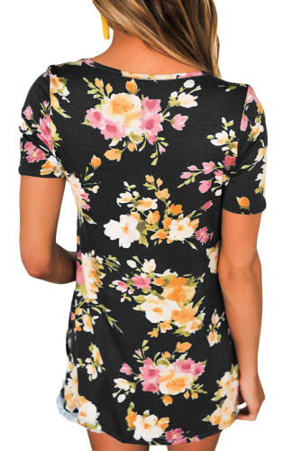 Black Floral Print Crisscross V Neck Casual Shirt