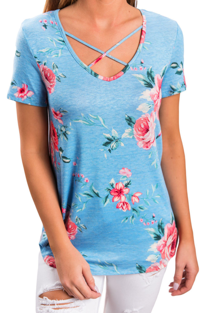 Blue Super Soft Floral Tee Shirt with Crisscross Neck