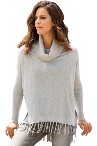 Gray Turtleneck Fringe Hemline Tunic Sweater