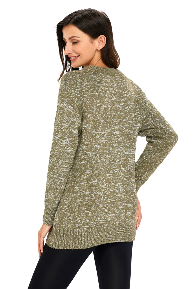 Olive Chic Long Sleeve Sweater with Lace up Neckline
