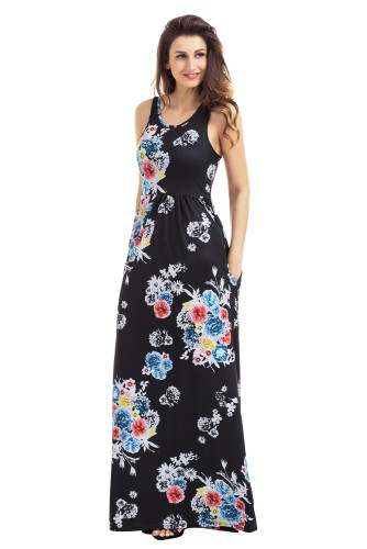 Black Floral Print Sleeveless Long Boho Dress