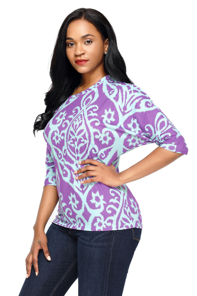 Purple Aqua Damask Print Half Sleeve Top