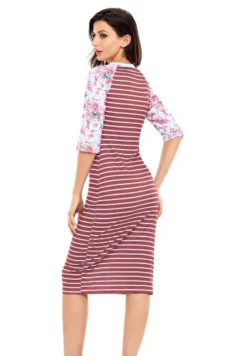 Wine White Stripe Floral Sleeve Midi Dress