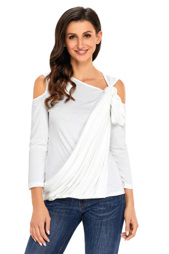 White Asymmetric Draped Cold Shoulder Top