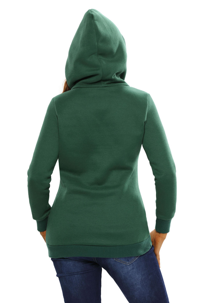 Green Button Zip Detail Warm Pocket Hoodie