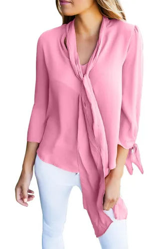 Pink Bow-tie Sleeved Blouse with Necktie