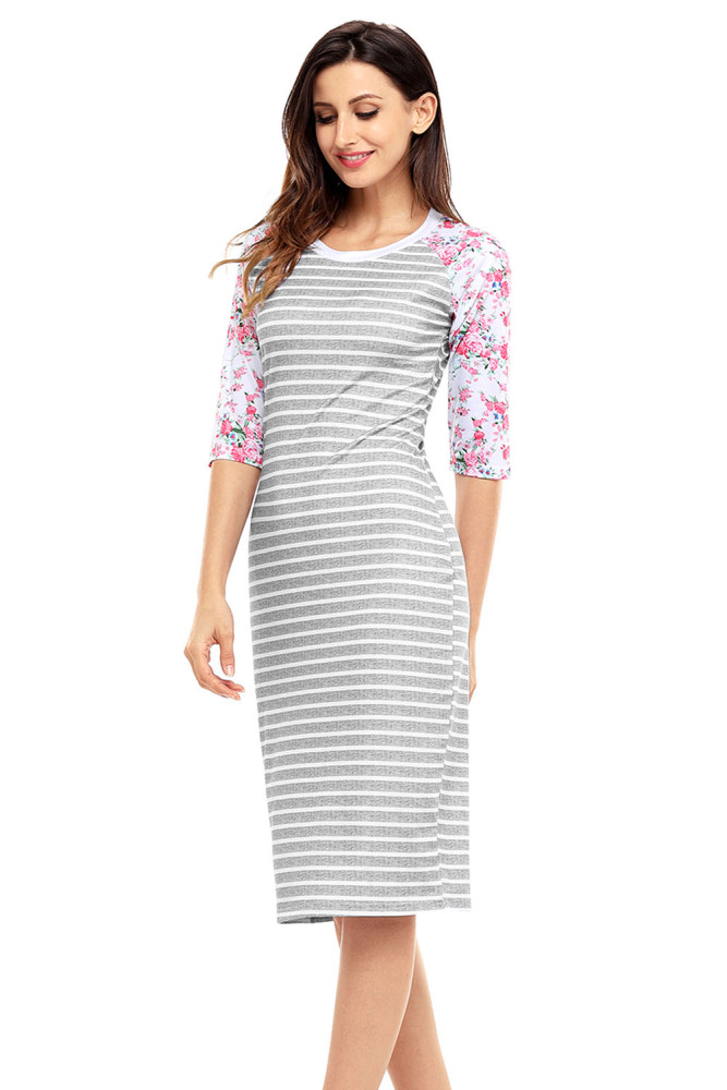 Grey White Stripe Floral Sleeve Midi Dress