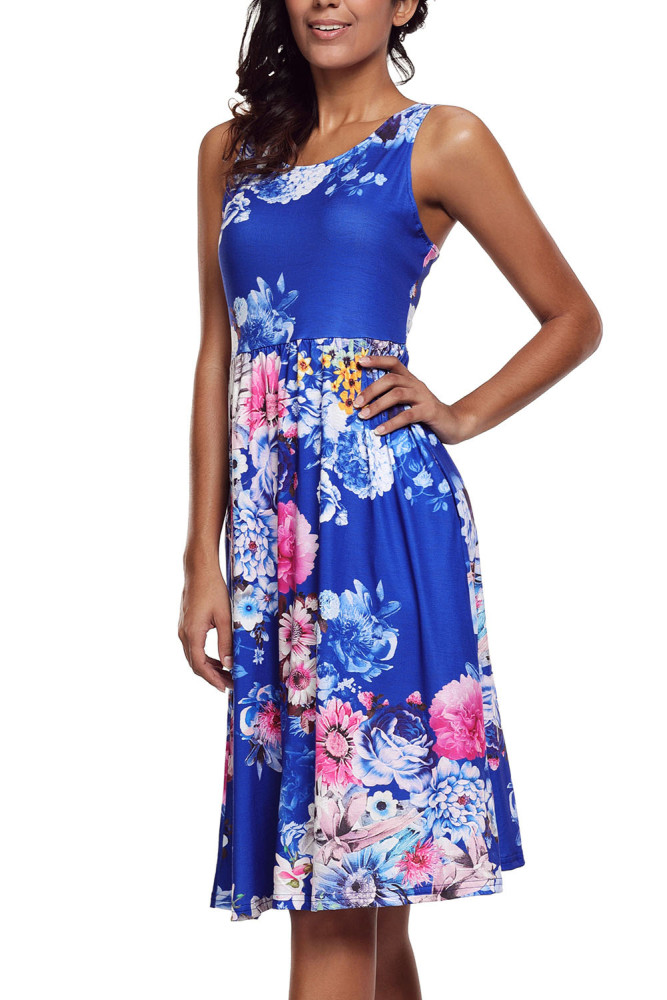 Fall in Love with Floral Print Boho Dress in Royal Blue