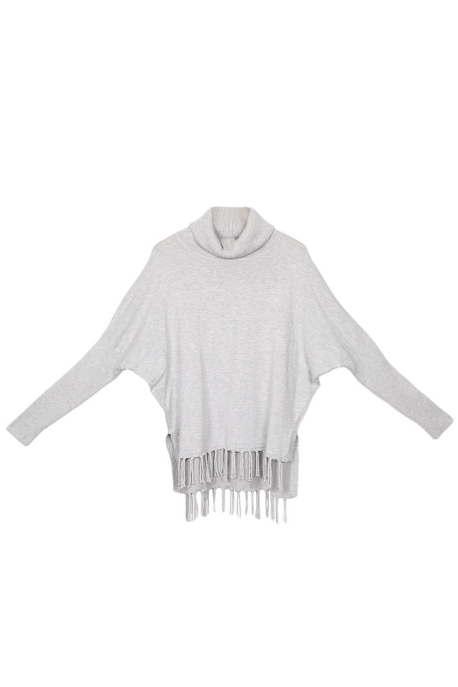 Gray Turtleneck Fringe Hemline Tunic Sweater