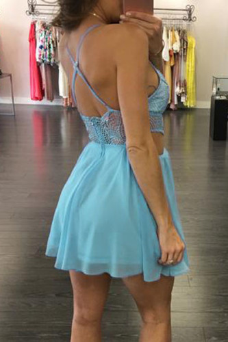 Light Blue Crochet Bralette Cutout A-line Chiffon Romper