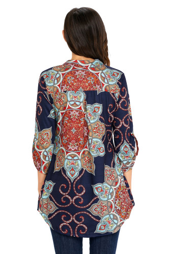 Navy Gypsy Floral Print Slight V Neck Blouse