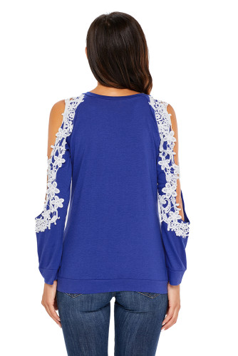 Lace Trim Cold Shoulder Royal Blue Long Sleeve Top