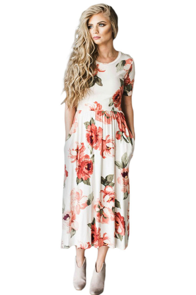 Casual Pocket Design White Floral Dress