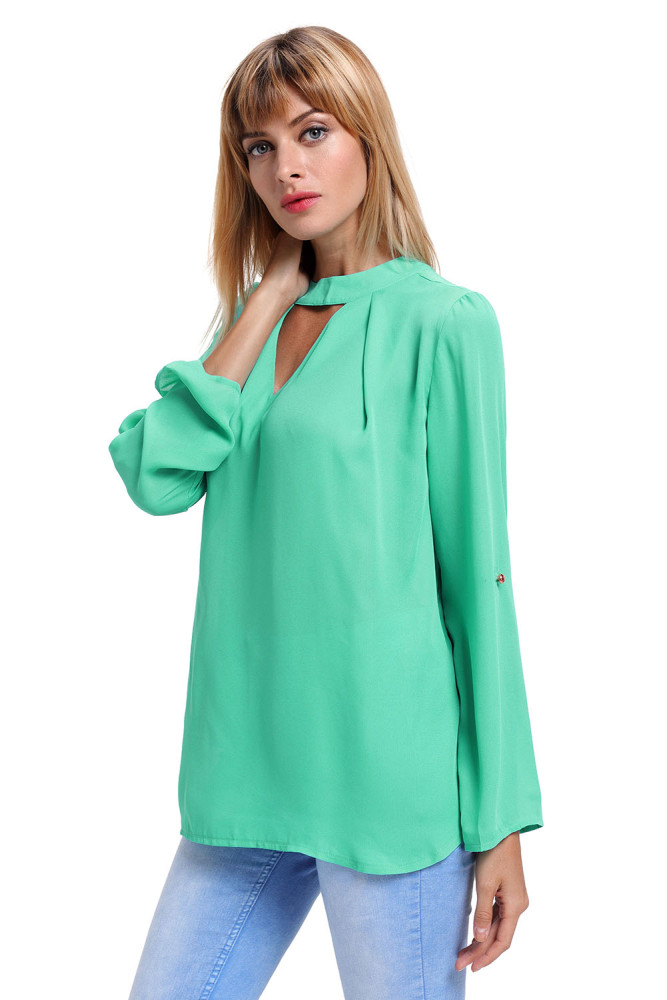 Jade Choker Cut out V Neck Blouse with Keyhole Back