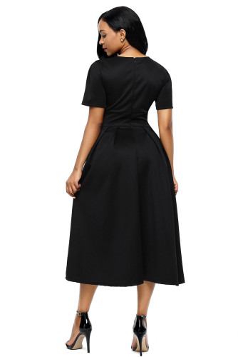 Black Split Neck Short Sleeve Midi Dress with Bowknots
