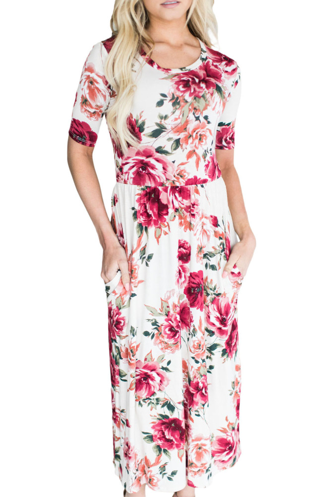 Casual Pocket Design Blooming Floral Dress