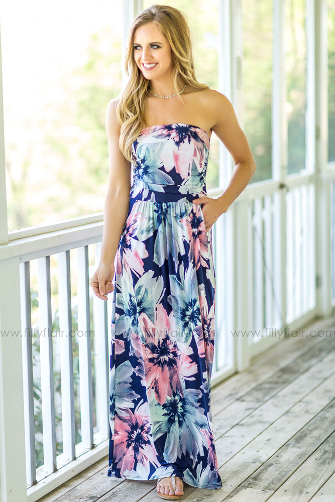 Big Summer Flower Strapless Maxi Dress with Pockets