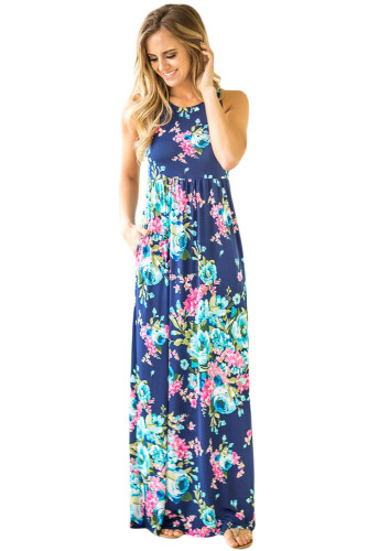 Navy Floral Print Sleeveless Long Boho Dress