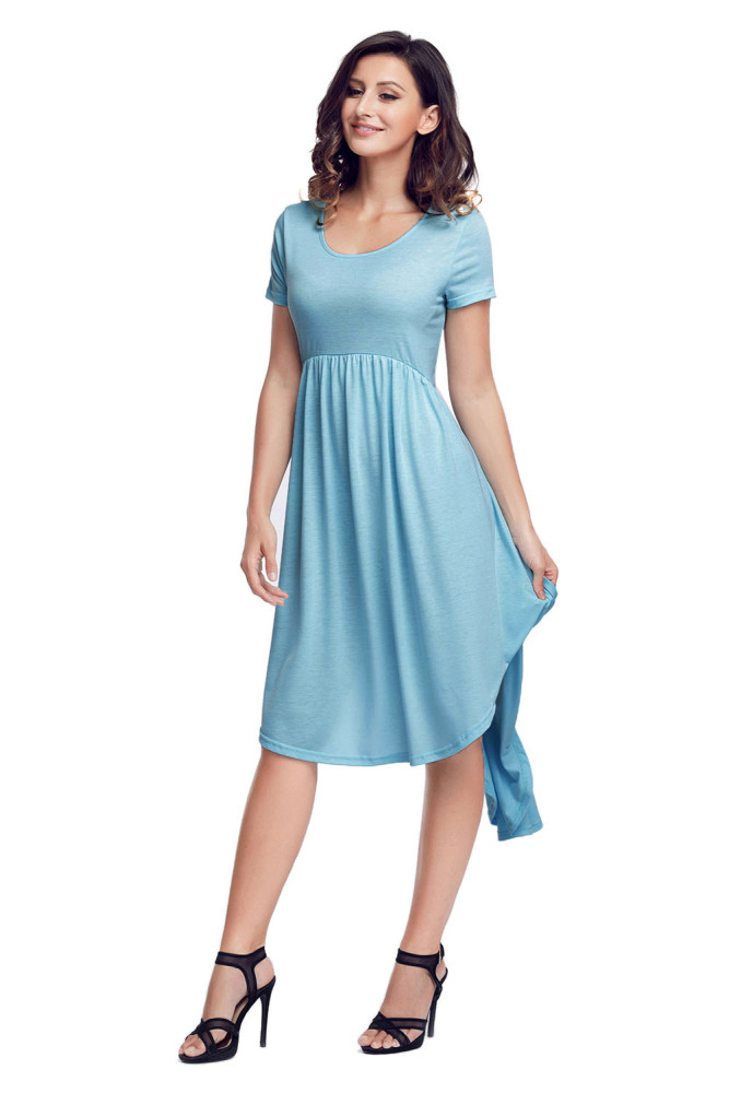 Light Blue Short Sleeve High Low Pleated Casual Swing Dress